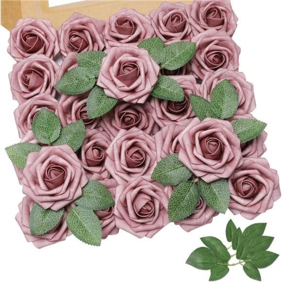 Artificial Flowers DustyRose 25pcs RealLooking Fake Roses w/Stem for DIY Wedding - Picture 1 of 6